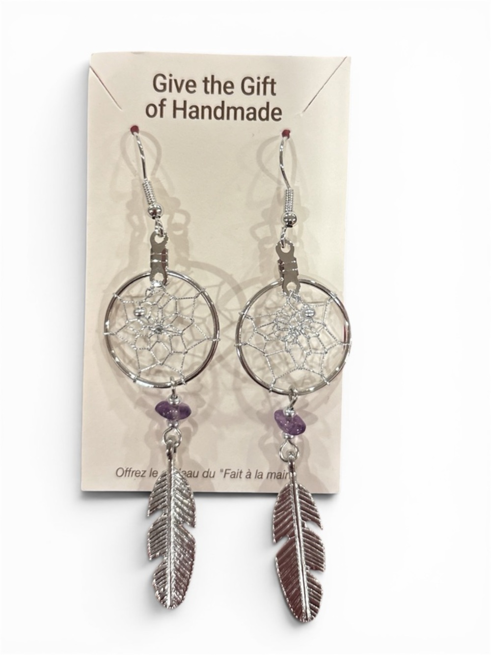 Handmade Silver Dreamcatcher Earrings with Purple Accent